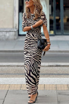 Zebra Print Mesh Ruched Side Gather Bodycon Maxi Dress