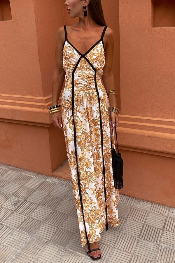 Floral Print Spaghetti Strap Contrast Trim Pleated Maxi Dress