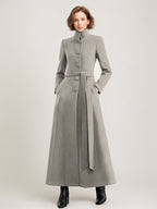 Wool Blend Long Coat Black Belted Stand Collar Winter Full Length Outerwear For Women 2026
