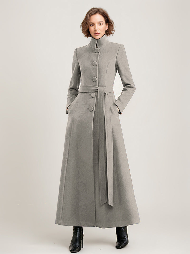 Wool Blend Long Coat Black Belted Stand Collar Winter Full Length Outerwear For Women 2026