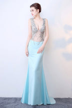 Blue Sheer Deep V-Neck Maxi Dress