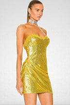 Sequin Strapless Sweetheart Ruched Wrap Bodycon Mini Dress