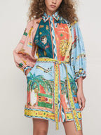 Tropical Scenic Print Balloon Sleeve Tie Waist Shirt Mini Dress
