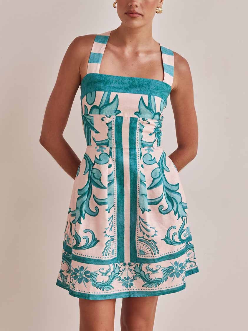 Majolica Tile Print Square Neck Wide Strap Fit and Flare Pocket Mini Dress
