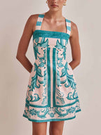 Majolica Tile Print Square Neck Wide Strap Fit and Flare Pocket Mini Dress