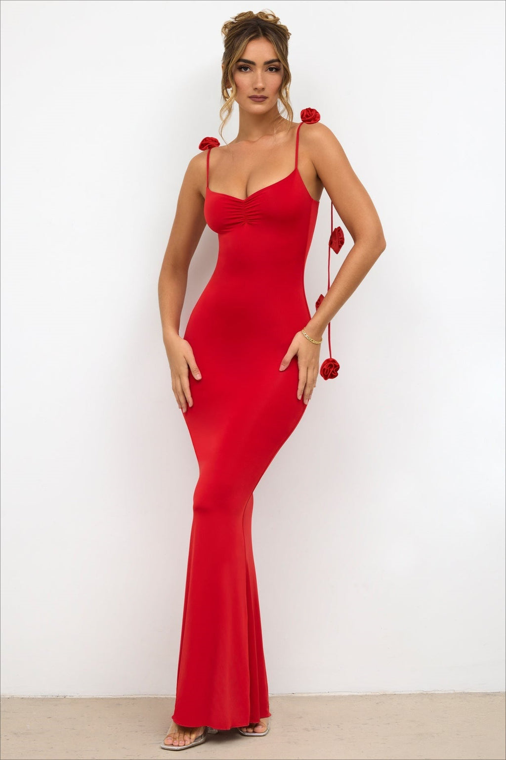 3D Floral Rosette Strap Backless Mermaid Bodycon Maxi Mini Dress