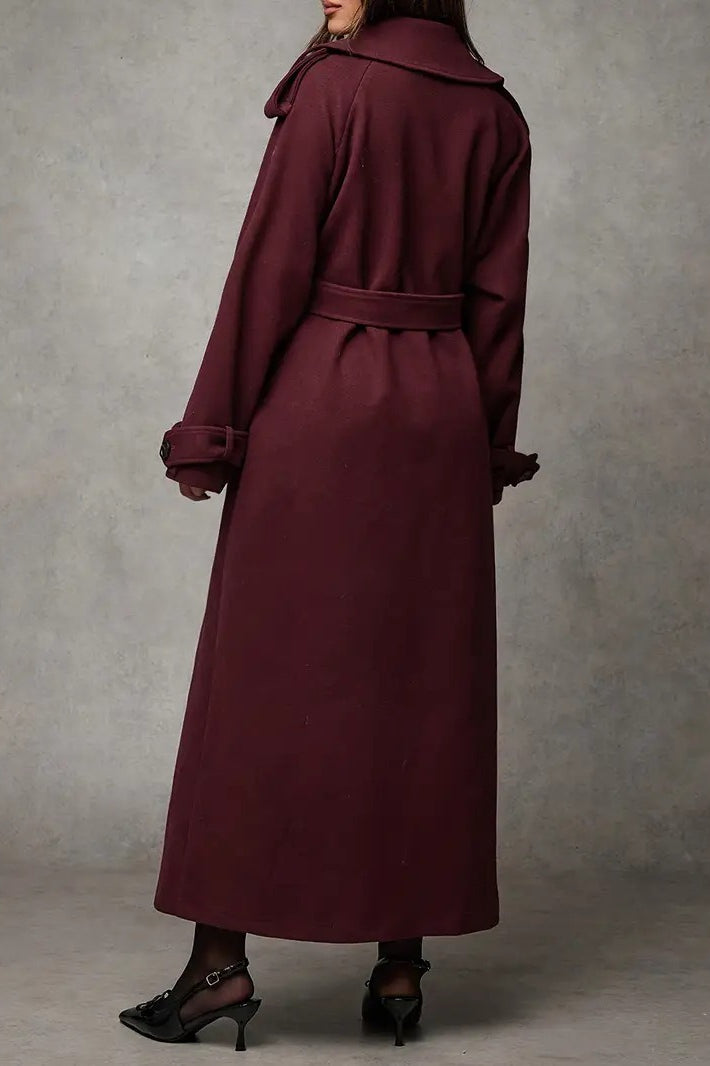 Wool Double Breasted Lapel Tie Long  Overcoat