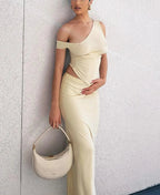 One Shoulder Ruched Crop Top and Maxi Skirt Set