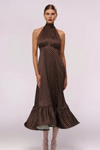 Polka Dot Satin Halter Ruffled Neck Tiered Ruffle Hem Maxi Dress