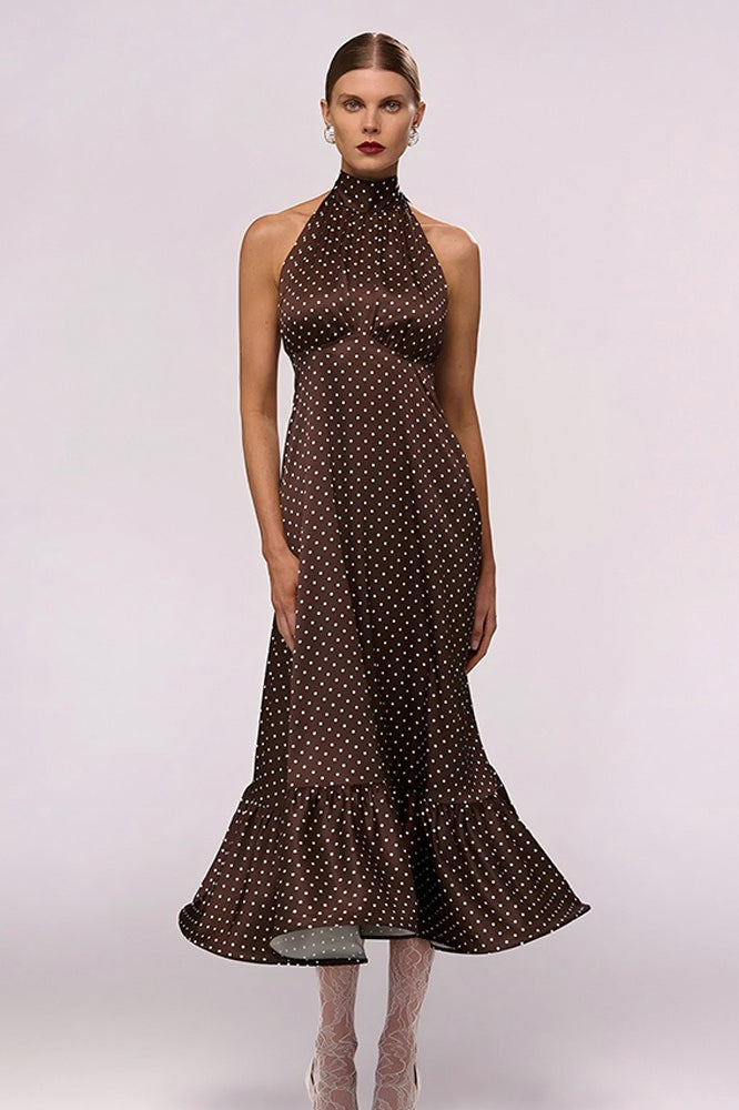 Polka Dot Satin Halter Ruffled Neck Tiered Ruffle Hem Maxi Dress