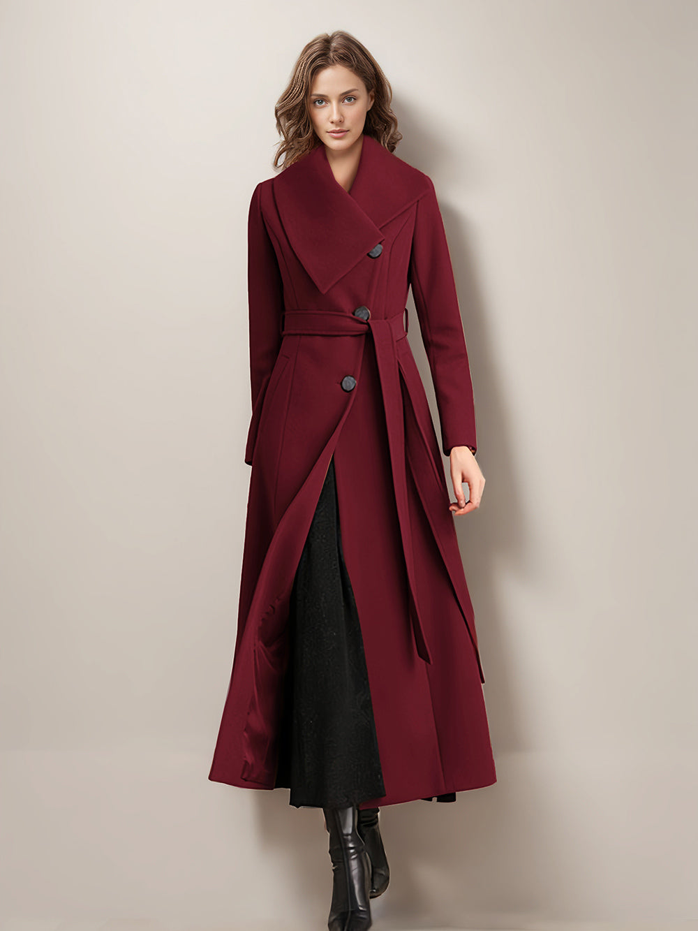 Long Coat For Woman Red Belted Wide Collar Warm Winter Outerwear 2026