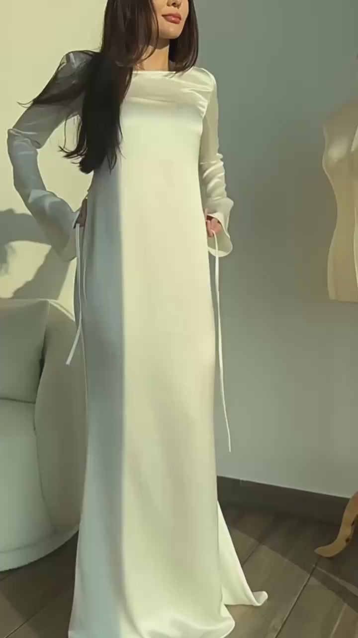 Satin Crew Neck Bell Sleeve Column Maxi Dress