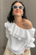 Slash Neck Ruffle Trim Blouse