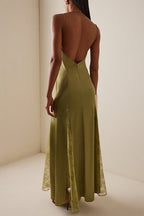 Satin Deep V-Neck Lace Insert High Split Slip Maxi Dress