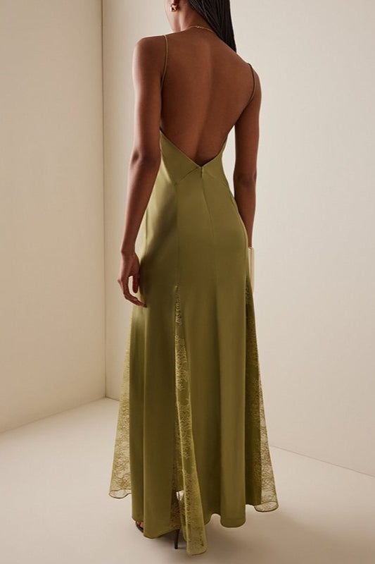 Satin Deep V-Neck Lace Insert High Split Slip Maxi Dress