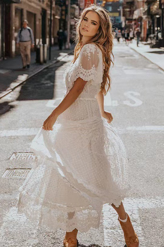 Lace Flutter Sleeve Deep V-Neck Button Front Tiered Maxi Dress