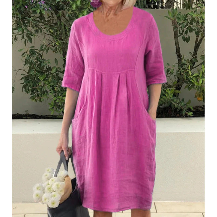Pleated Pocket Loose  Short-sleeved Dress