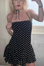 Polka Dot Halter Neck Flounce Hem Mini Dress