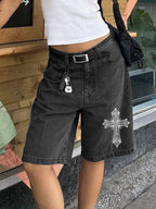 Cross Print High Waist Straight Leg Denim Shorts