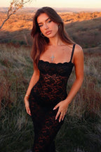 Floral Lace Scalloped Neck Spaghetti Strap Sheer Maxi Dress