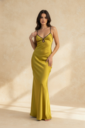 Satin Deep V-Neck Keyhole Spaghetti Strap Backless Maxi Gown
