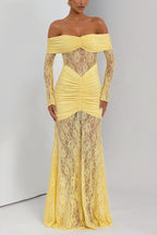 Solid Color Patchwork Lace Off-shoulder Long-sleeved Pleated Slim-fit Maxi Dress