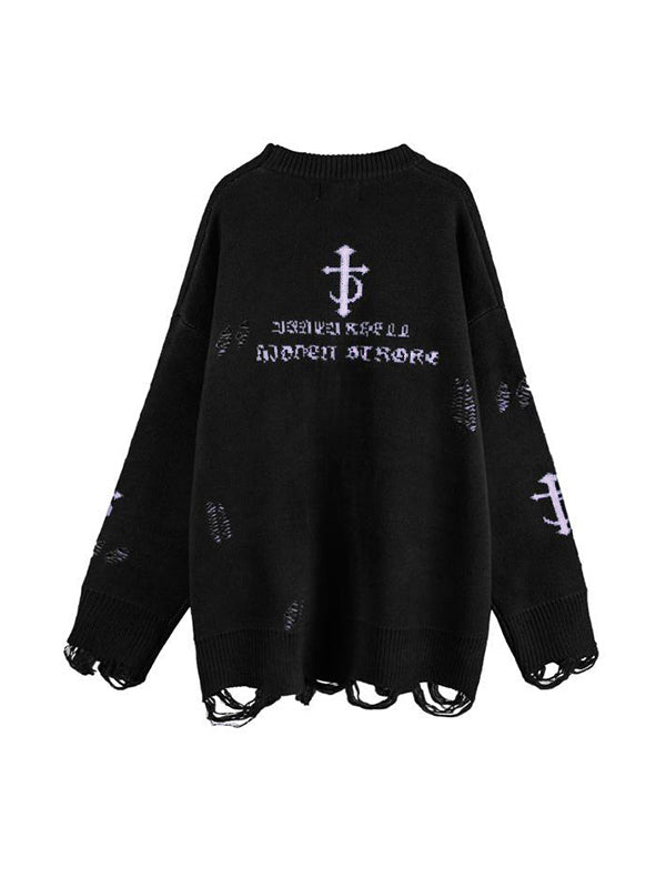 Letter Jacquard Ripped Holes Pullover Sweater