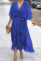 Deep V-Neck Flutter Sleeve Tie Waist Handkerchief Hem Midi Dress