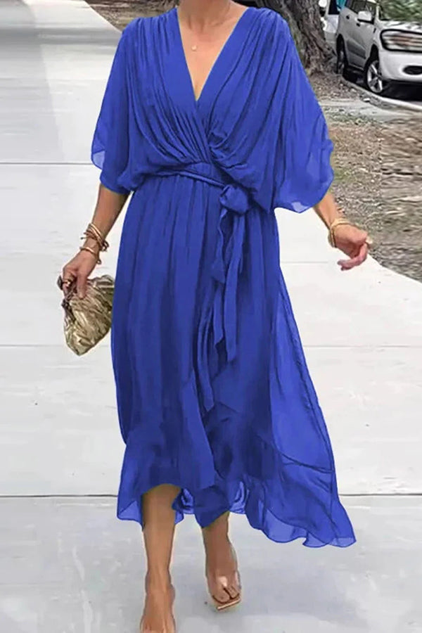Deep V-Neck Flutter Sleeve Tie Waist Handkerchief Hem Midi Dress