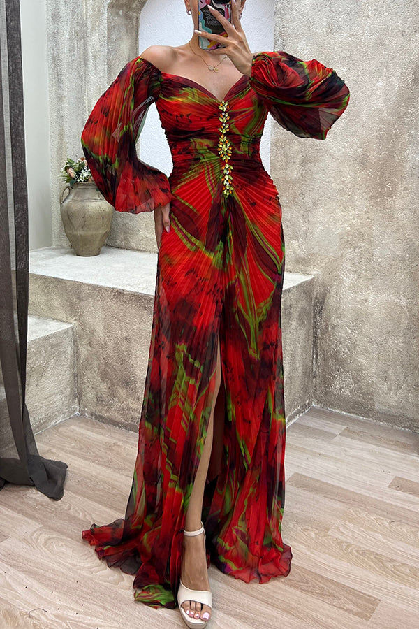Off Shoulder Bishop Sleeve Jewel Embellished Plisse Abstract Print Maxi Gown
