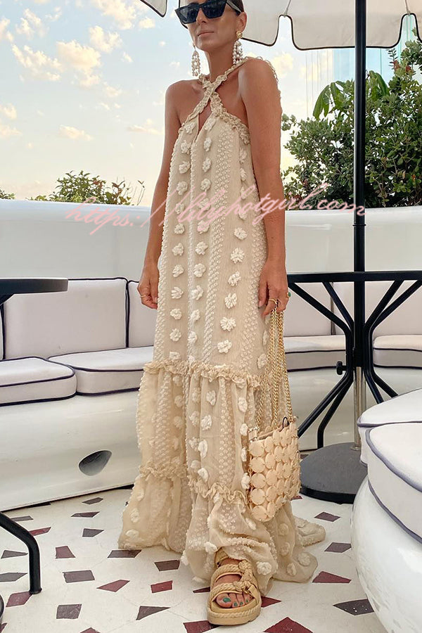 3D Floral Applique Halter Keyhole Tiered Maxi Dress