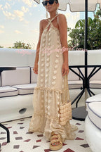 3D Floral Applique Halter Keyhole Tiered Maxi Dress