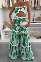 Cassie Ric Rac Trims Unique Print Halter Ring Tank and High Rise Wide Leg Pants Set