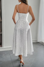 Jacquard Floral Bustier Lace Trim Pointed Waist Fit and Flare Midi Dress