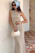 Apricot Round Neck Polka Dot Bodycon Maxi Dress