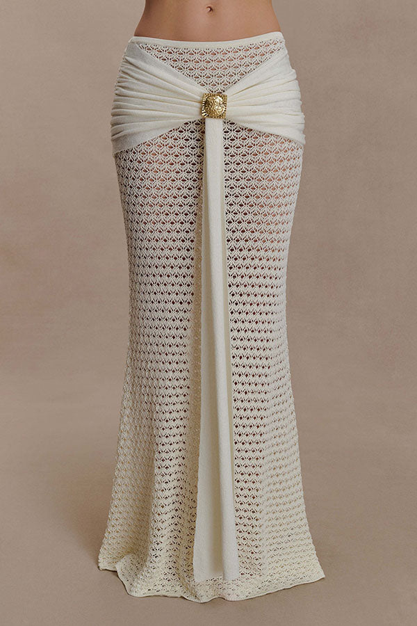 Mania Knit Hardware Detail Bell Sleeve Crop Top and Gathered Overlay Sash Stretch Maxi Skirt Set