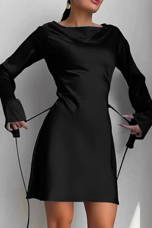 Satin Cowl Neck Bell Sleeve Tie Waist Mini Dress