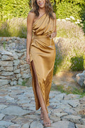 One Shoulder Asymmetric Draped Bodice High Slit Satin Maxi Gown