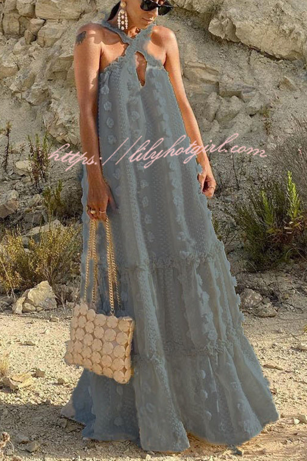 3D Floral Applique Halter Keyhole Tiered Maxi Dress