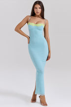 Ribbed Lace Trim Balconette Spaghetti Strap Bodycon Maxi Dress
