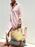 Vertical Stripe Long Sleeve Button Down Side Slit Midi Shirt Dress