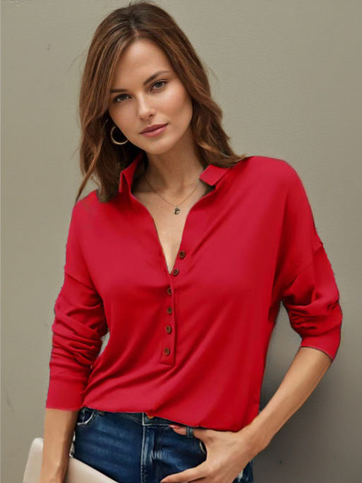 Blouse For Women Black Turndown Collar Casual Buttons Long Sleeves Tops