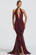 Halter Plunging V-Neck Ruched Ruffle Front Mermaid Maxi Gown