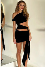 Asymmetric Neck Cutout Tie Front Fitted Bodycon Mini Dress