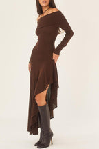 Off Shoulder Long Sleeve Ribbed Knit Asymmetric Drape Hem Maxi Dress