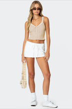 Faux Two Piece Bow Lace Sweet Crop Top