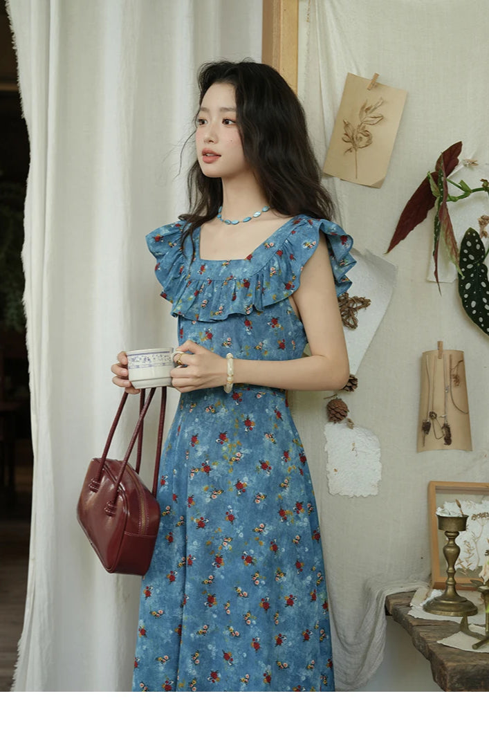 Floral Print Ruffle Trim V-Neck Cap Sleeve Fit and Flare Maxi Summer Dress