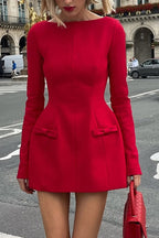 Boat Neck Long Sleeve Bow Hip Detail Structured A-Line Mini Dress