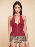 Halterneck Corset Top With Zipper And Back Lace-up Detail For Night Club 2026