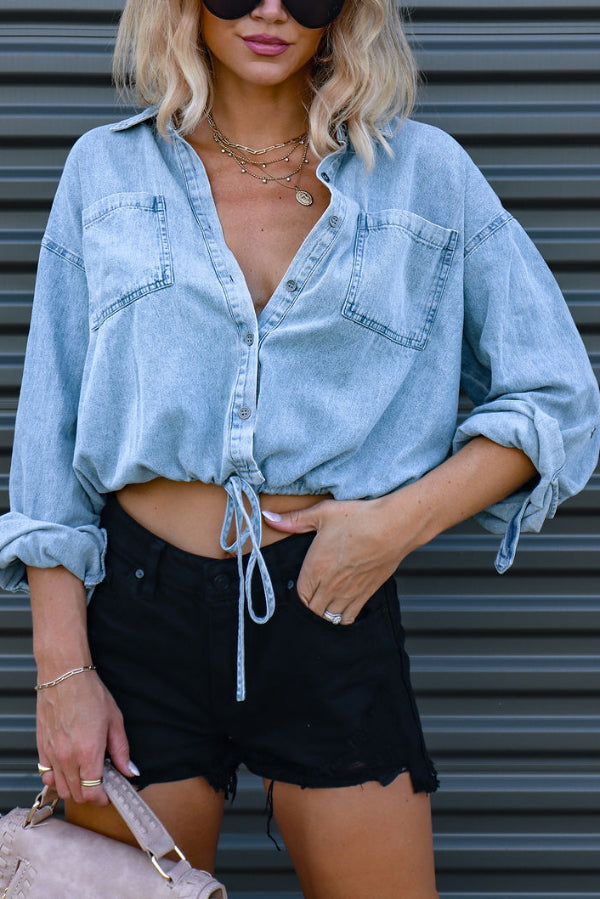 Stylish Lapel Long-sleeved Pocket Button Casual Denim Shirt